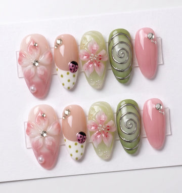 Garden Fairy | Handmade 3D Pink Floral Ladybug Botanical Press-On Nails