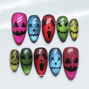 Ghoul Glow | Handmade Colorful Cat Eye Spooky Ghoul Pumpkin Press-On Nails