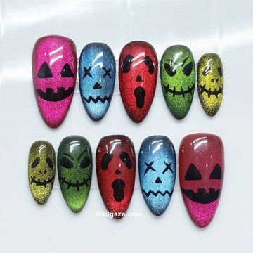 Ghoul Glow | Handmade Colorful Cat Eye Spooky Ghoul Pumpkin Press-On Nails