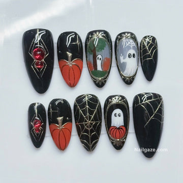 Gilded Ghost | Handmade Vintage Framed Ghost Red Gem Spider Press-On Nails