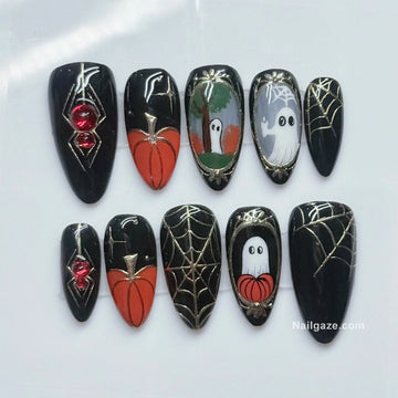 Gilded Ghost | Handmade Vintage Framed Ghost Red Gem Spider Press-On Nails
