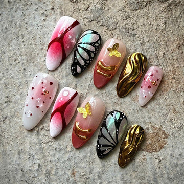 Gilded Monarch | Handmade Red Gold Chrome Butterfly Wing Press-On Nails