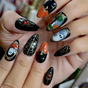 Gilded Night | Handmade Black Gold Spiderweb Ghost Pumpkin Press-On Nails