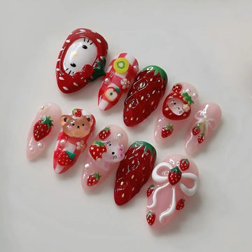 Gingham Kitty | Handmade Kawaii Strawberry Coquette Bow Fake Press-On Nails