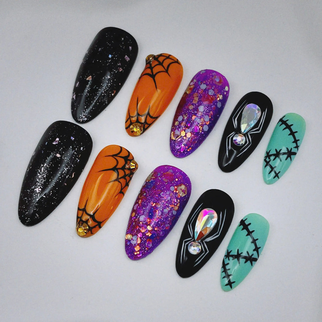 Glitter Spider Web | Handmade Festive Rhinestone Press-On Nails