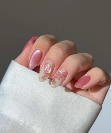 Gold Butterfly | Handmade Pink Chrome Wing Almond Press-On Nails
