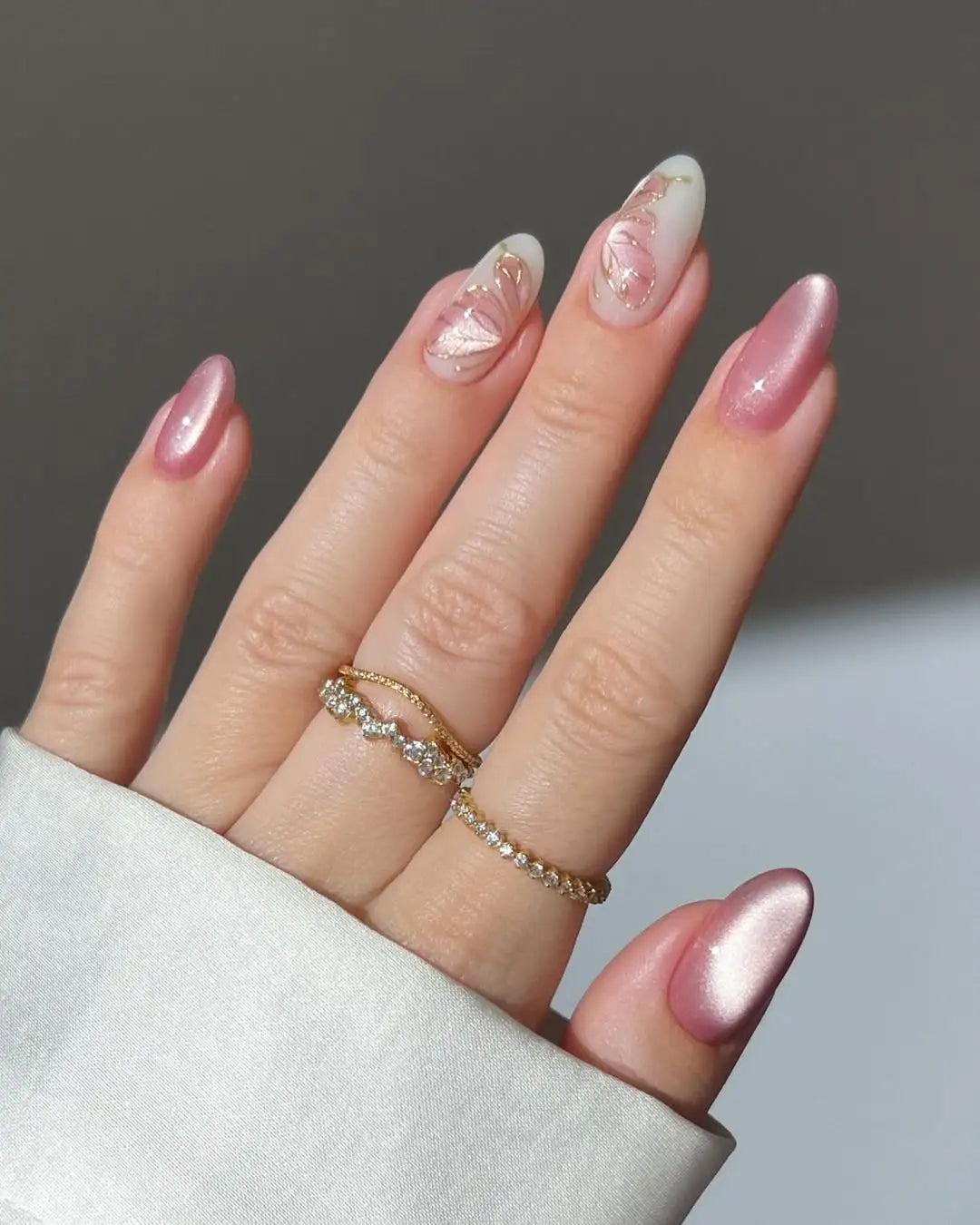Gold Butterfly | Handmade Pink Chrome Wing Almond Press-On Nails