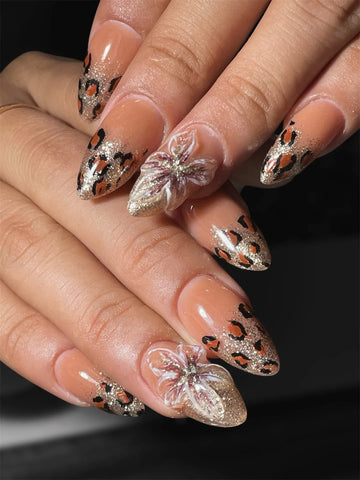 Gold Safari | Handmade Leopard Print 3D Floral Glitter Press-On Nails