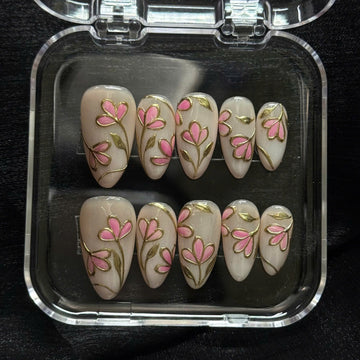 Golden Bloom | Handmade Pink Floral 3D Gold Spring Press-On Nails