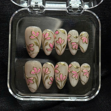 Golden Bloom | Handmade Pink Floral 3D Gold Spring Press-On Nails