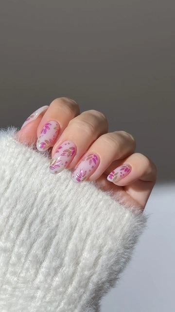 Golden Leaf | Handmade Milky White Spring Pink Press-On Nails