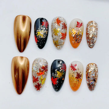 Golden Leaves | Handmade Fall Glitter Metallic Press-On Nails