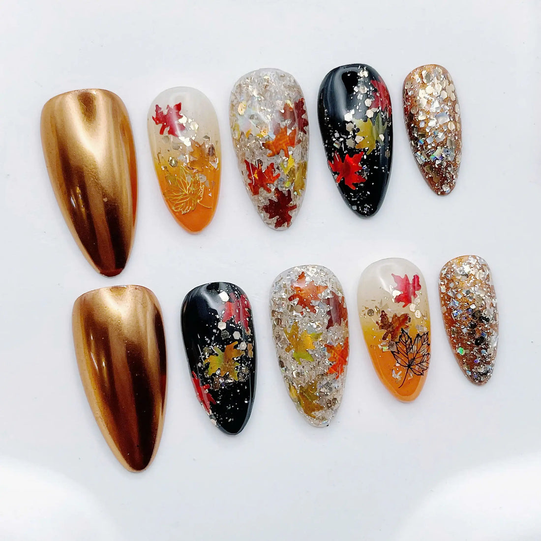 Golden Leaves | Handmade Fall Glitter Metallic Press-On Nails
