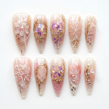 Golden Peony | Handmade Pink Gold Floral Reusable Gel Press-On Nails