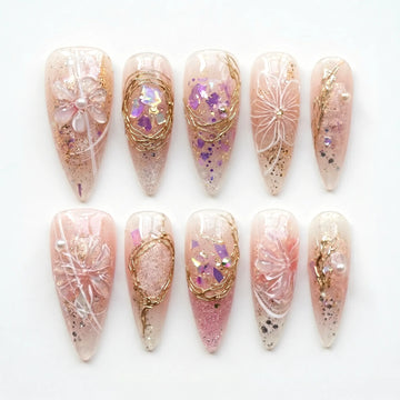 Golden Peony | Handmade Pink Gold Floral Reusable Gel Press-On Nails