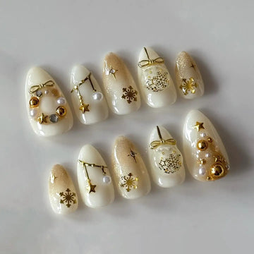 Golden Snowflake | Handmade Christmas Pearl Gel Press-On Nails