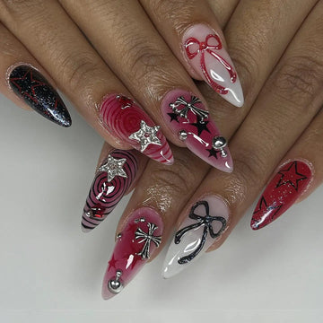Goth Ribbon | Handmade Black Red Chrome Cross Press-On Nails