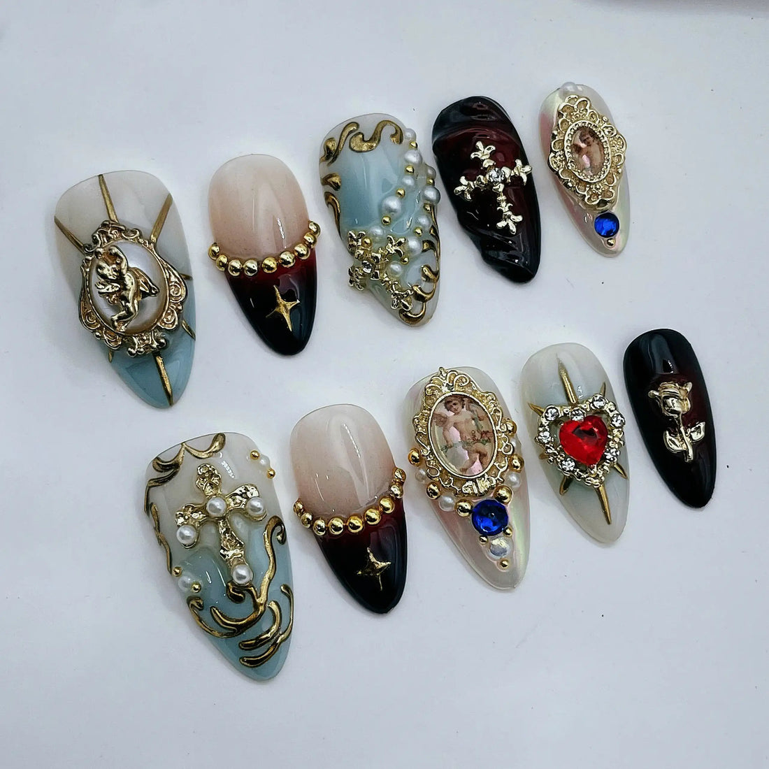 Gothic Angel | Handmade Luxury Gold Cross Holy Press-On Nails