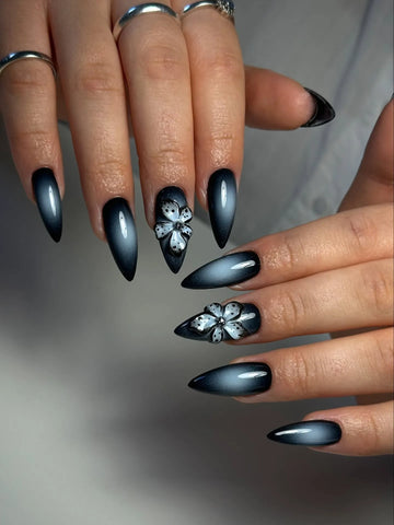 Gothic Aura | Handmade Dark Velvet Cat Eye 3D Flower Press-On Nails