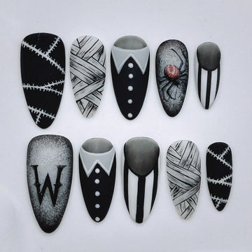 Gothic Mummy | Handmade Matte Black White Halloween Press-On Nails