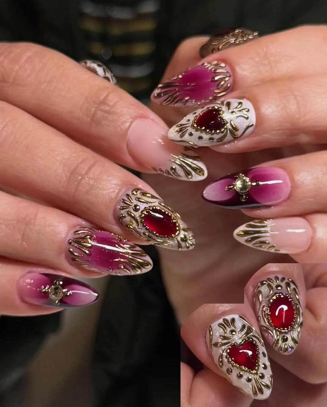 Gothic Ruby | Handmade Vintage Gold Chrome Gem Press-On Nails