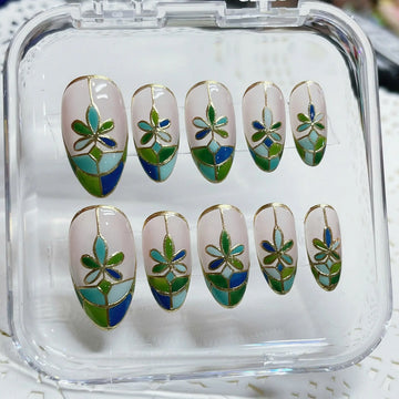 Green Stained Glass | Handmade Green Floral Mosaic Press-On Nails