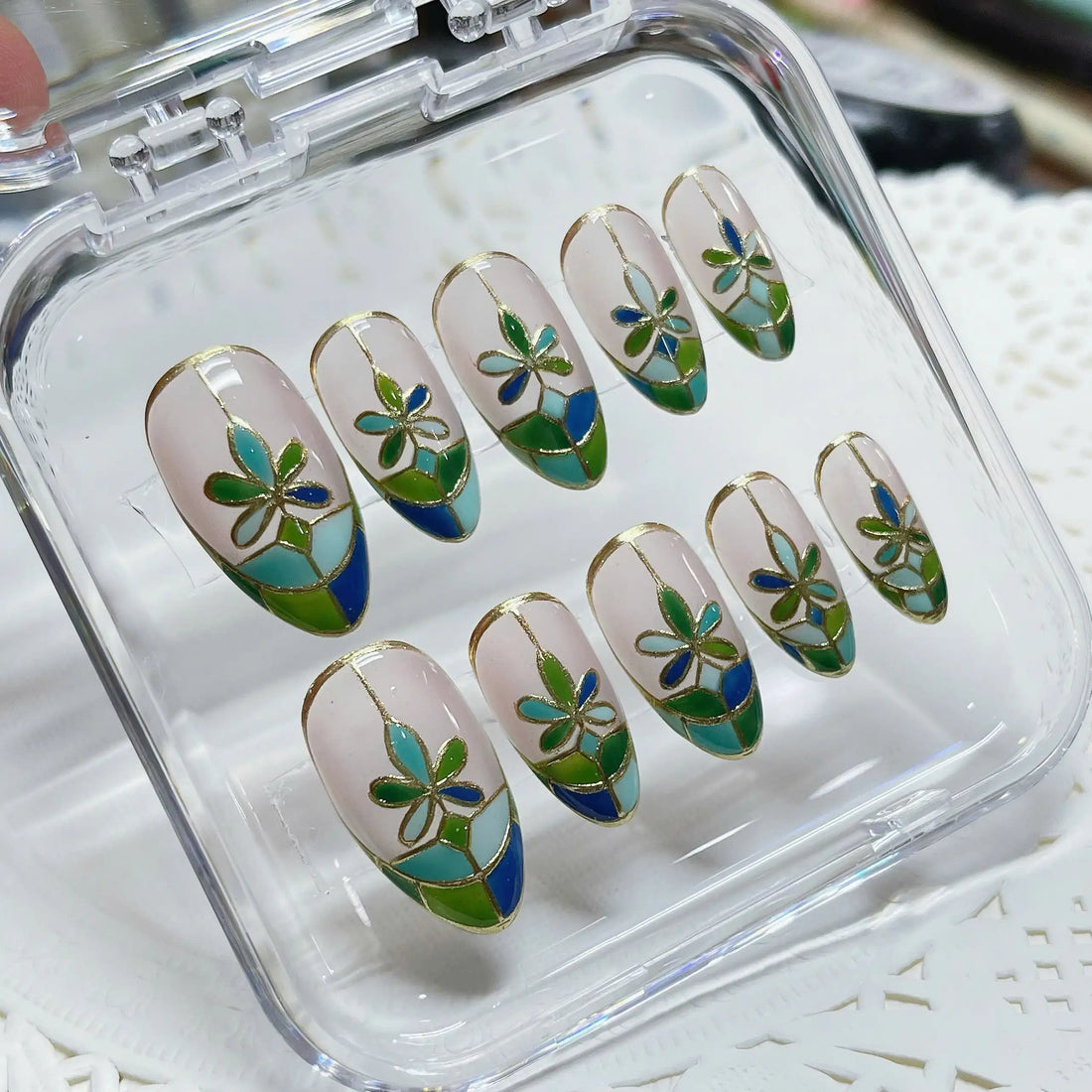 Green Stained Glass | Handmade Green Floral Mosaic Press-On Nails