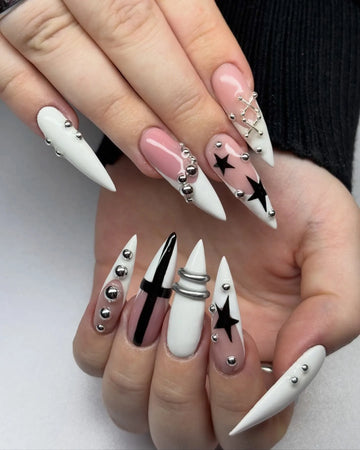 Grunge Star | Handmade Edgy Black White Y2K Stiletto Press-On Nails