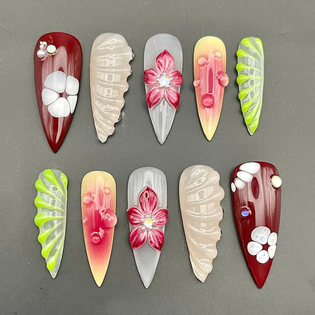 Handmade 3D Floral Orchid Ombre Colorful Spring Press on Nails K02