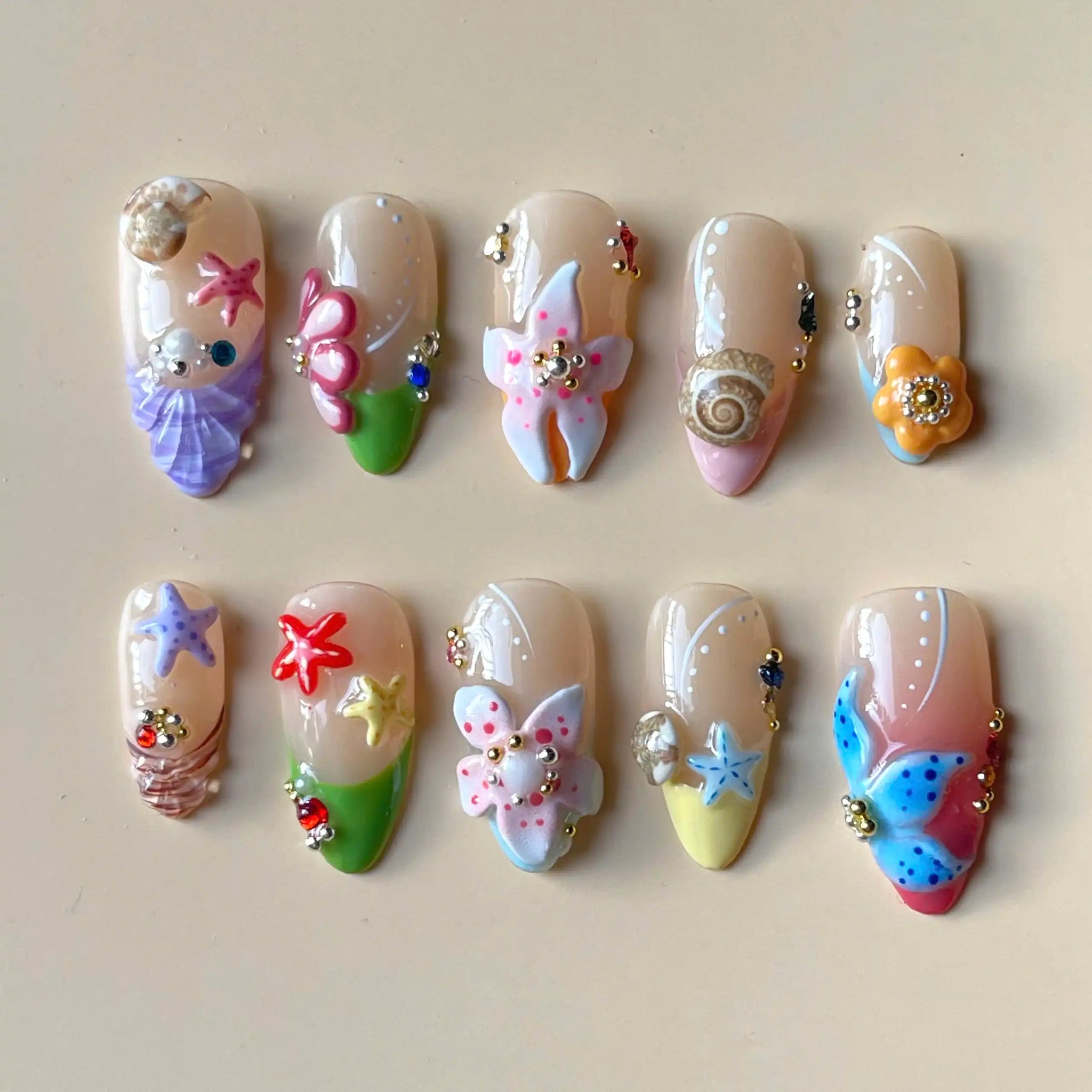 Handmade 3D Flower Seashell Butterfly Starfish Press on Nails U29