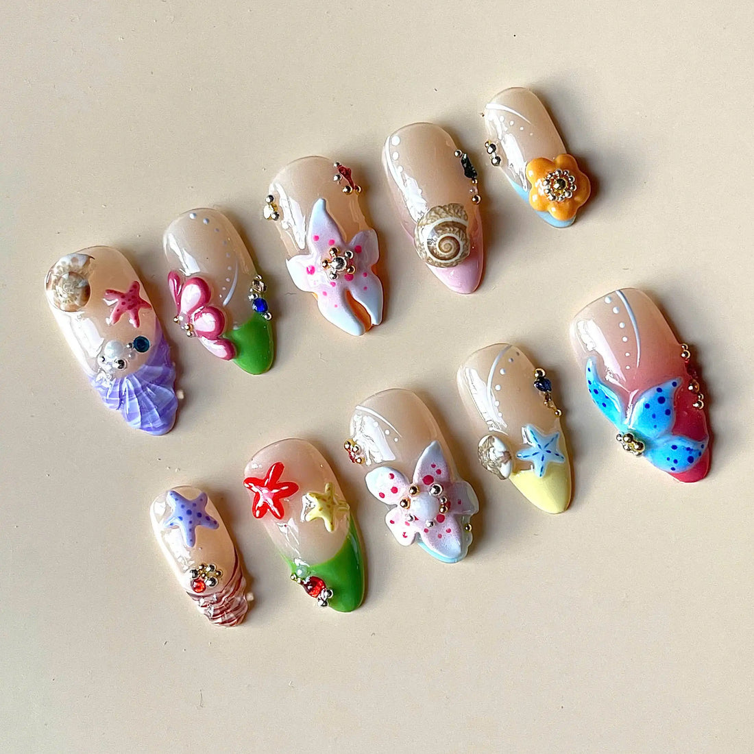Handmade 3D Flower Seashell Butterfly Starfish Press on Nails U29