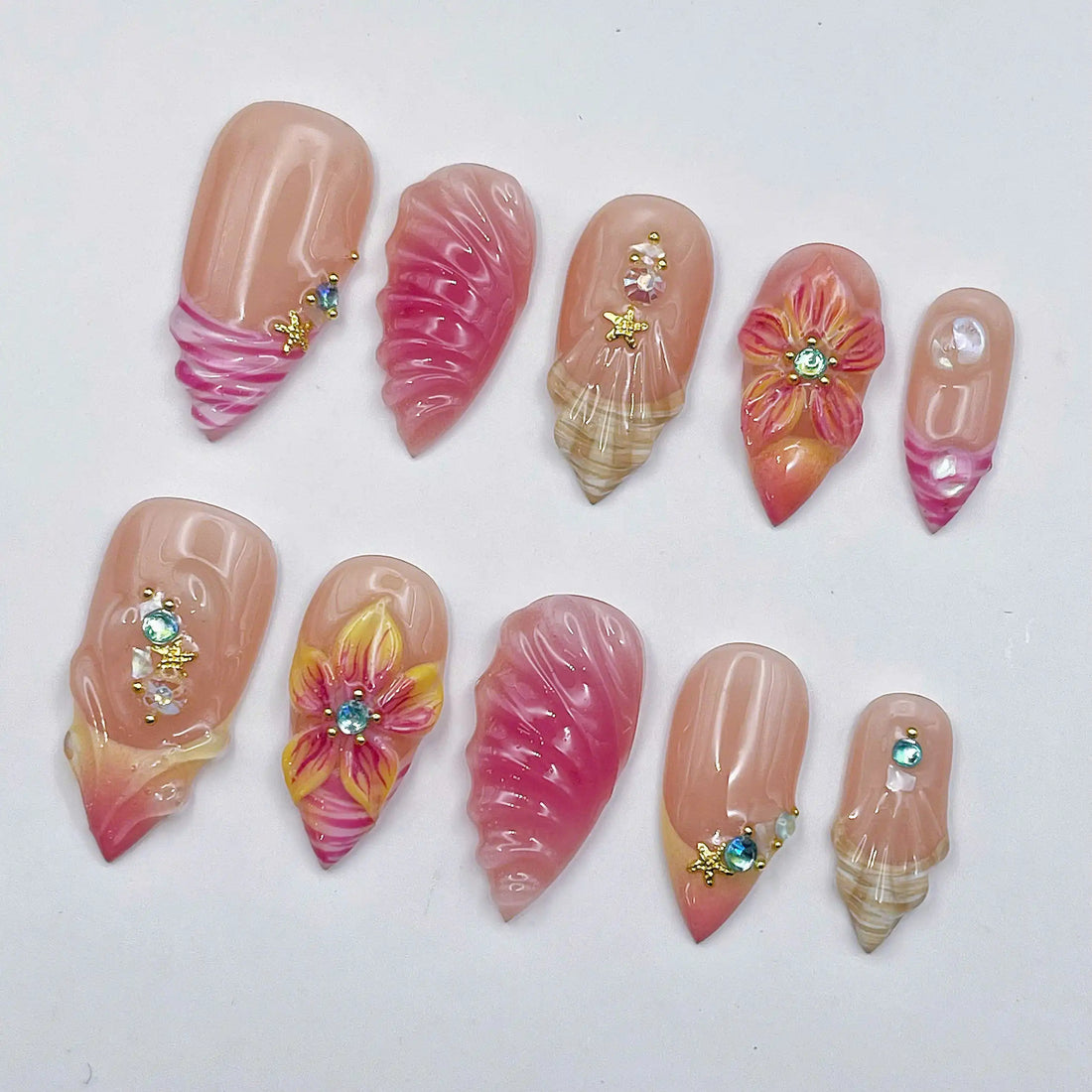 Handmade 3D Flower Seashell Tropical Pink Summer Press on Nails N85