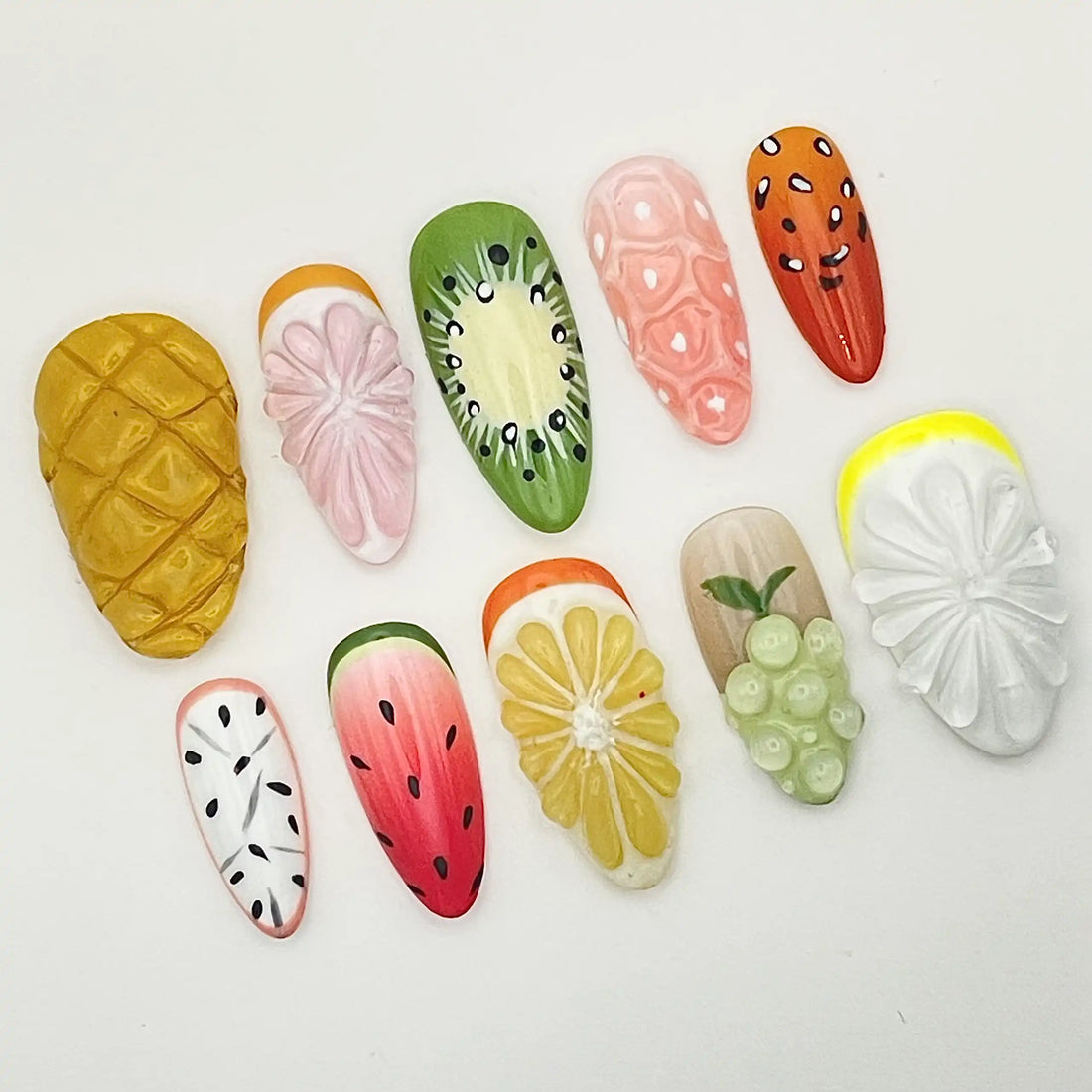Handmade 3D Summer Fruit Salad Fun Bright Colorful Press on Nails U49