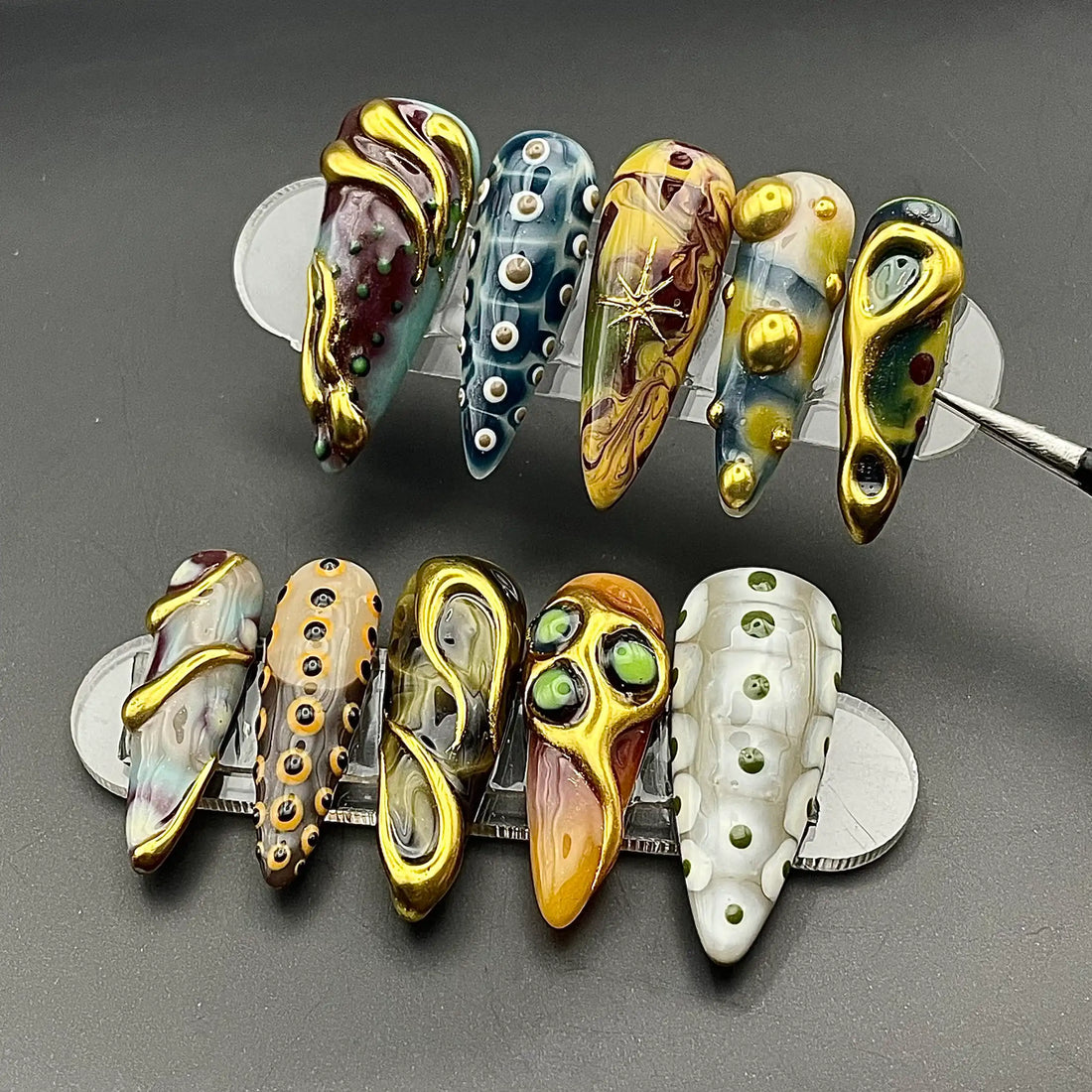 Handmade Abstract Gold 3D Sculptural Unique Artistic Press on Nails A49