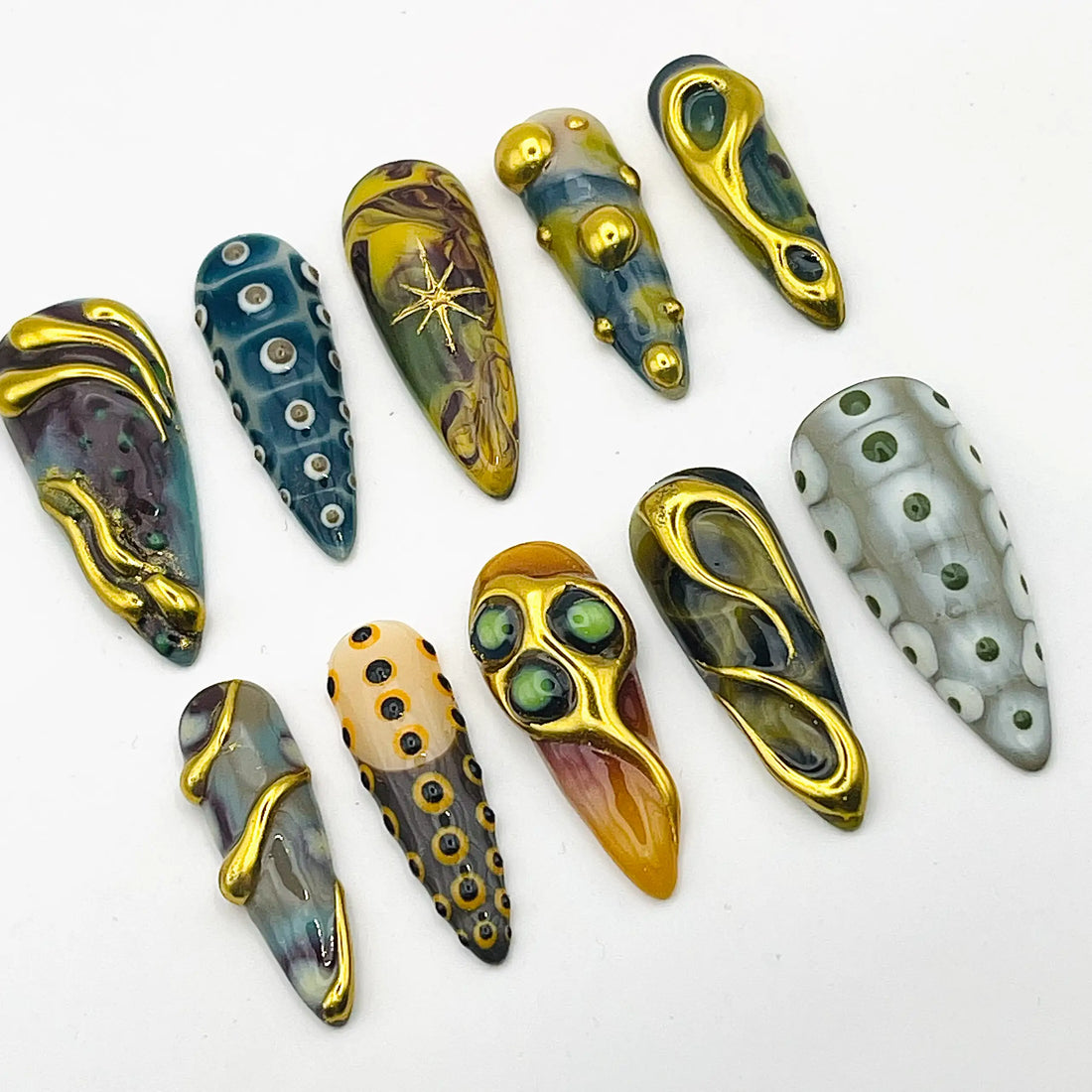 Handmade Abstract Gold Metallic Textured Unique Press on Nails Y86