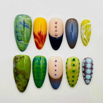 Handmade Abstract Multi-Color Marble Fluid Stone Unique Press on Nails Z39