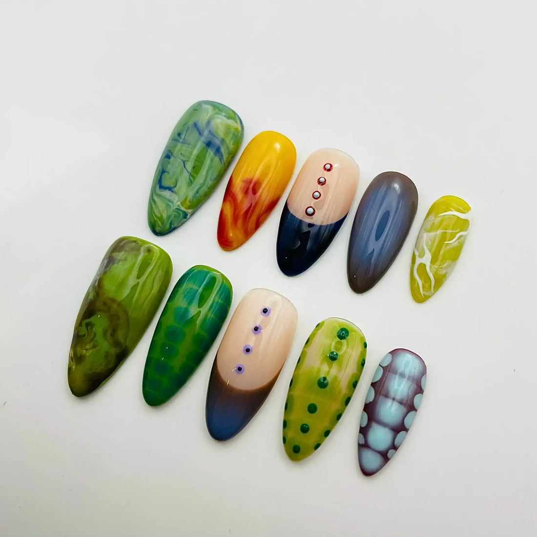 Handmade Abstract Multi-Color Marble Fluid Stone Unique Press on Nails Z39