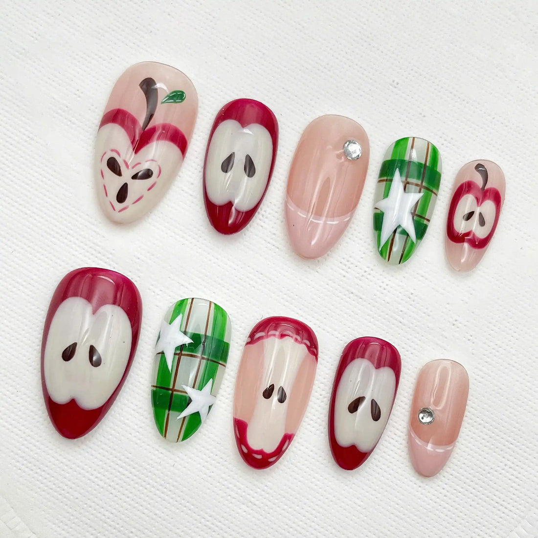 Handmade Apple Fruit Star Red Green Cute Press on Nails D10