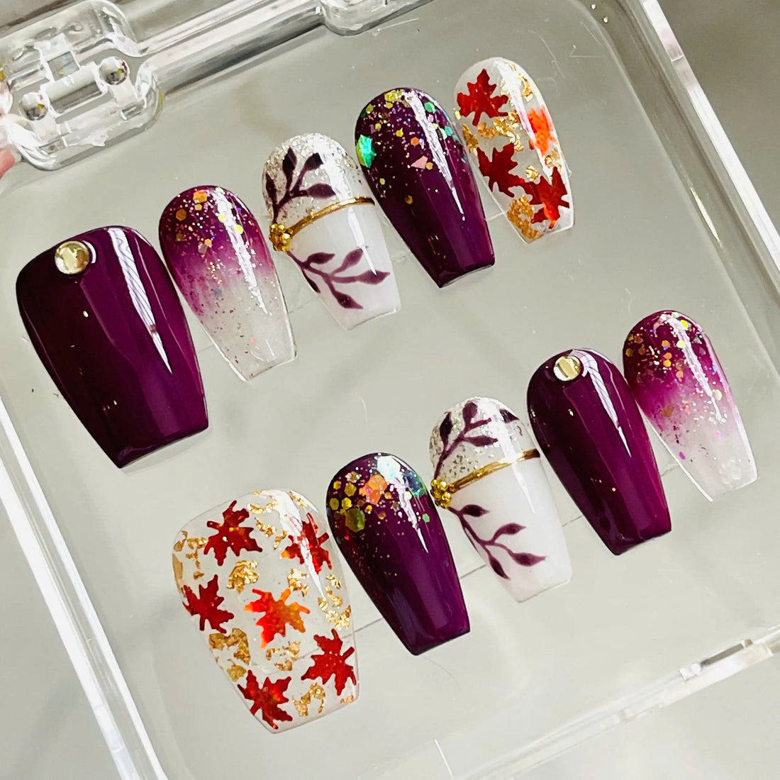Handmade Autumn Fall Maple Leaf Glitter Purple Gold Press on Nails N42