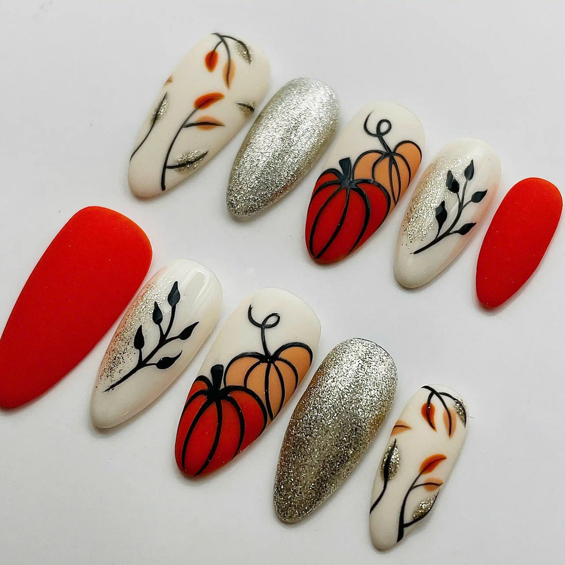 Handmade Autumn Fall Pumpkin Leaves Glitter Orange Press on Nails O06