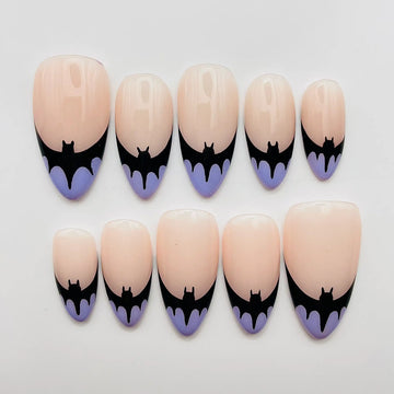 Handmade Bat Wing Halloween Purple Black Spooky French Press on Nails S69