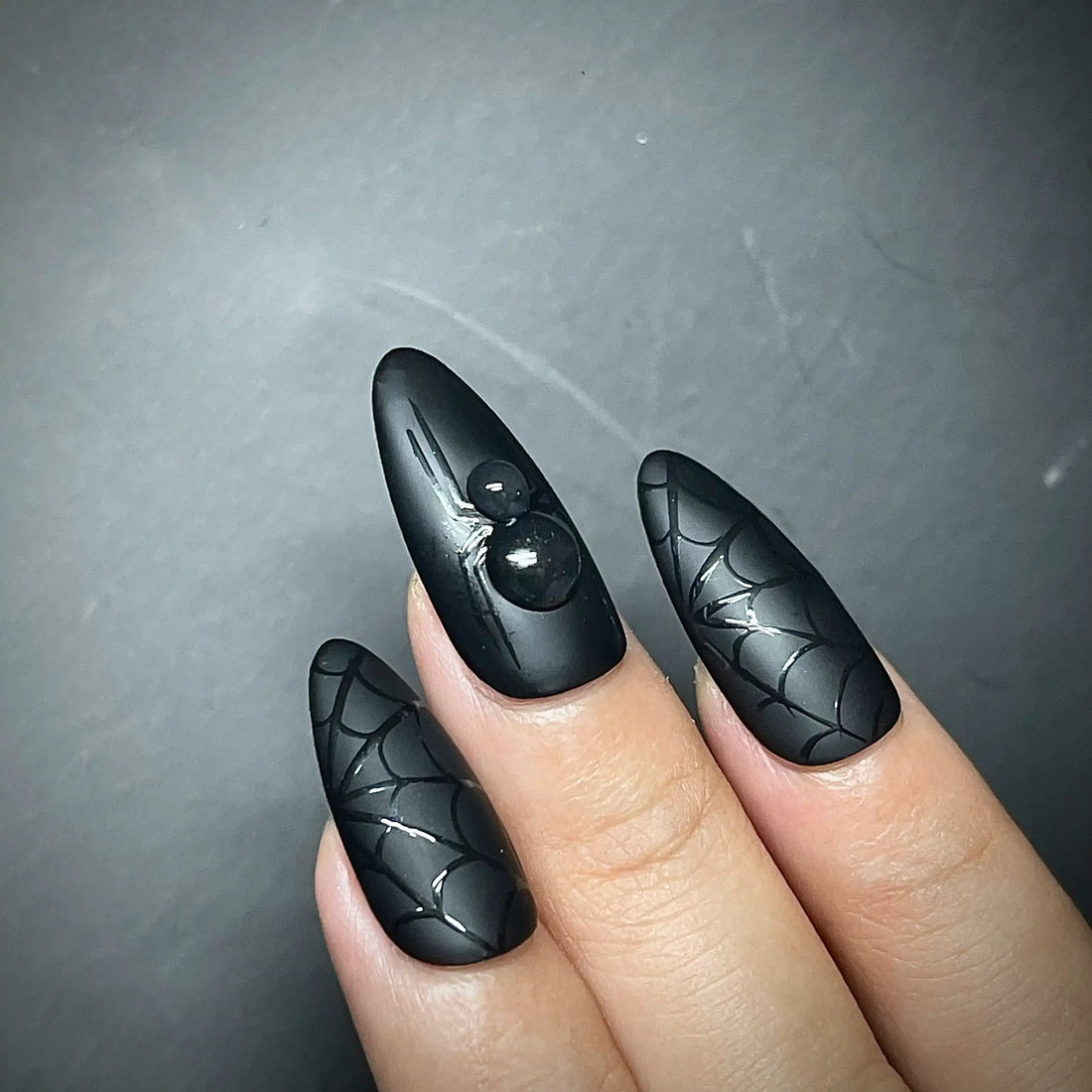 Handmade Black Gothic Spider Web Halloween Spooky Press on Nails C18