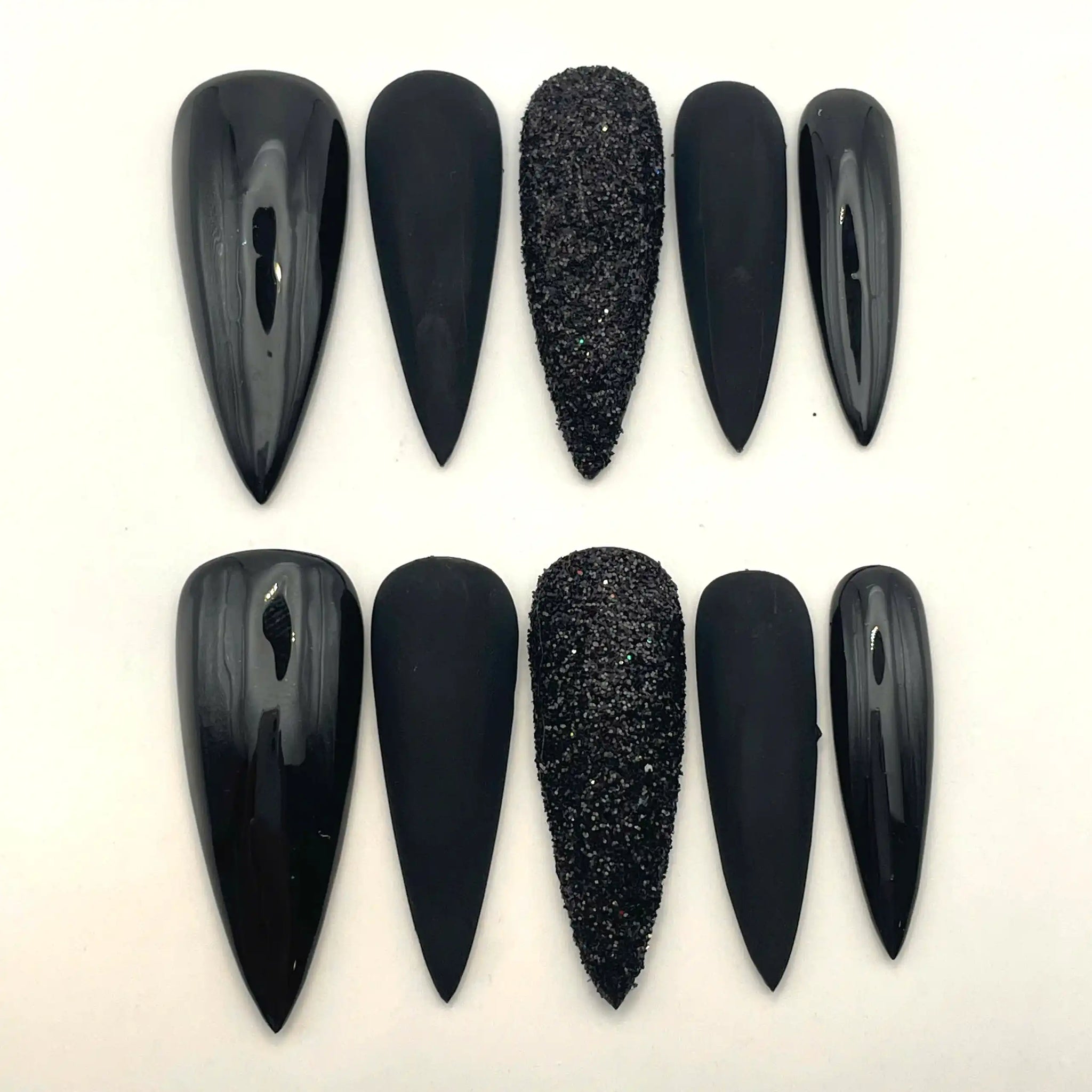 Handmade Black Matte Glitter Sleek Gothic Unique Press on Nails F75