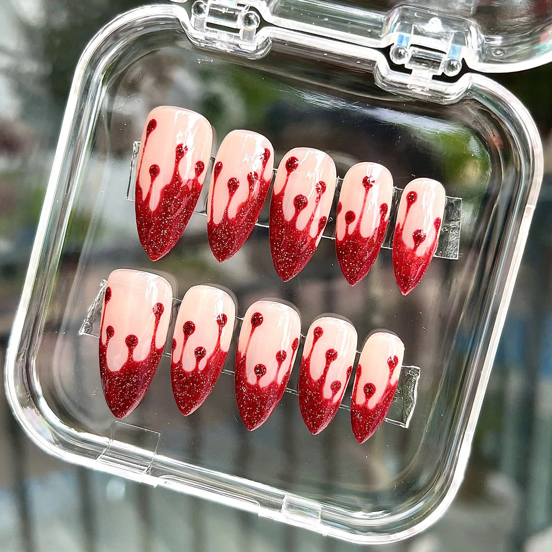Handmade Blood Drip Red Glitter Halloween Spooky Press on Nails R20