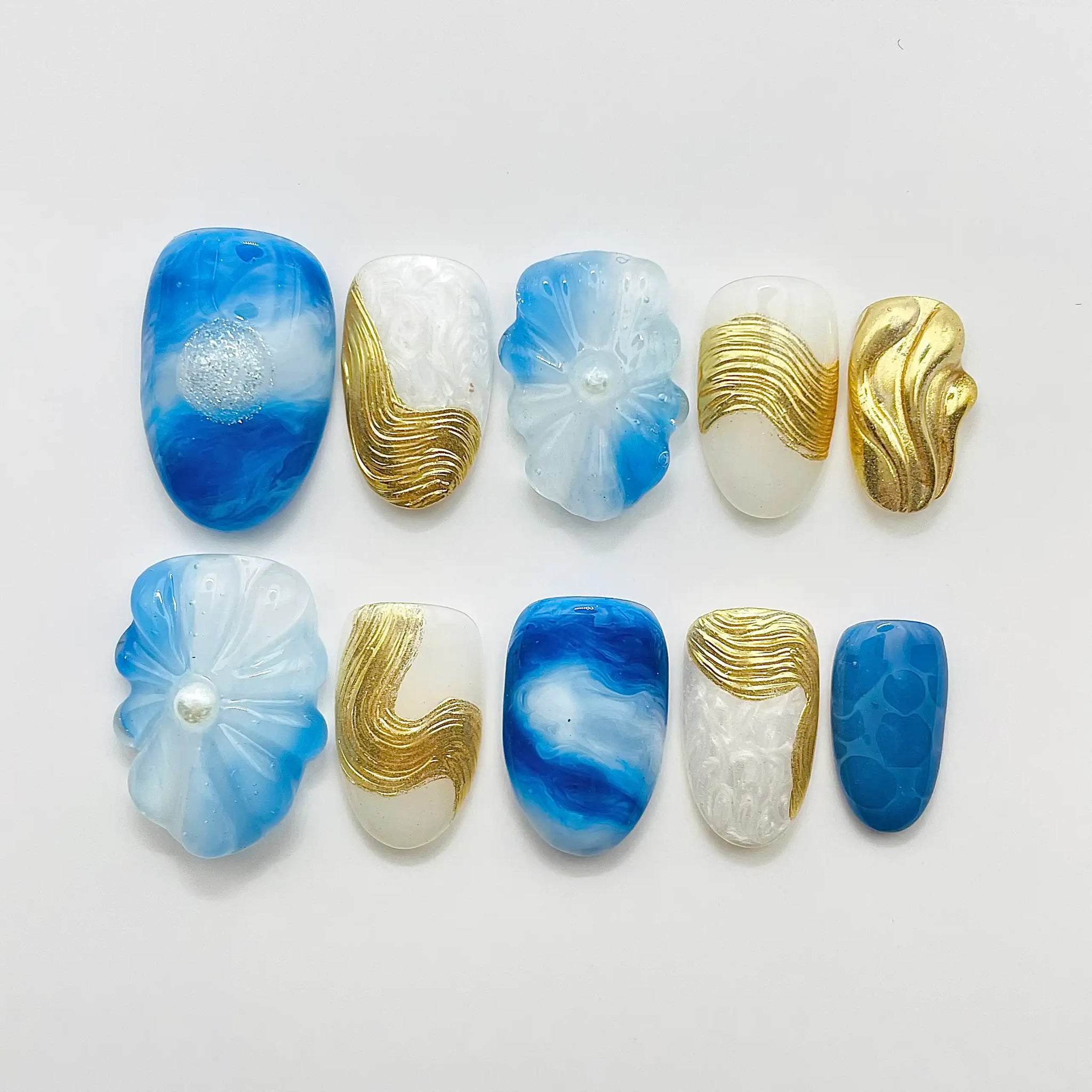 Handmade Blue Gold Marble Ocean Abstract 3D Wave Press on Nails D77
