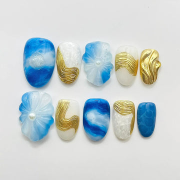 Handmade Blue Gold Marble Ocean Abstract 3D Wave Press on Nails D77