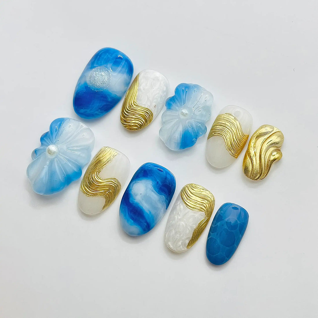 Handmade Blue Gold Marble Ocean Abstract 3D Wave Press on Nails D77