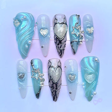 Handmade Blue Silver Mermaid Heart Star Pearl Press on Nails M99