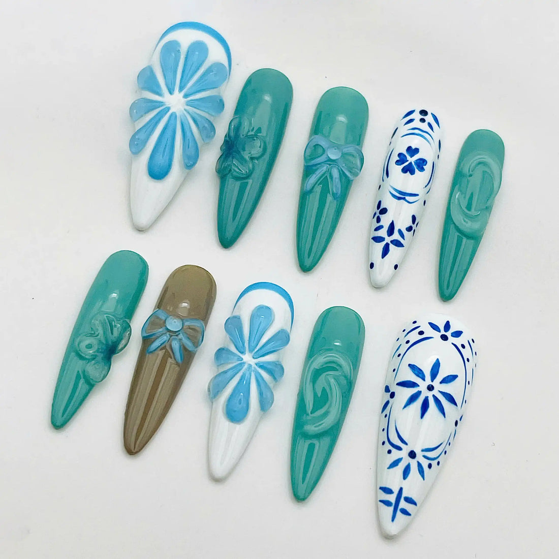 Handmade Blue White 3D Flower Tile Fruit Unique Press on Nails N47