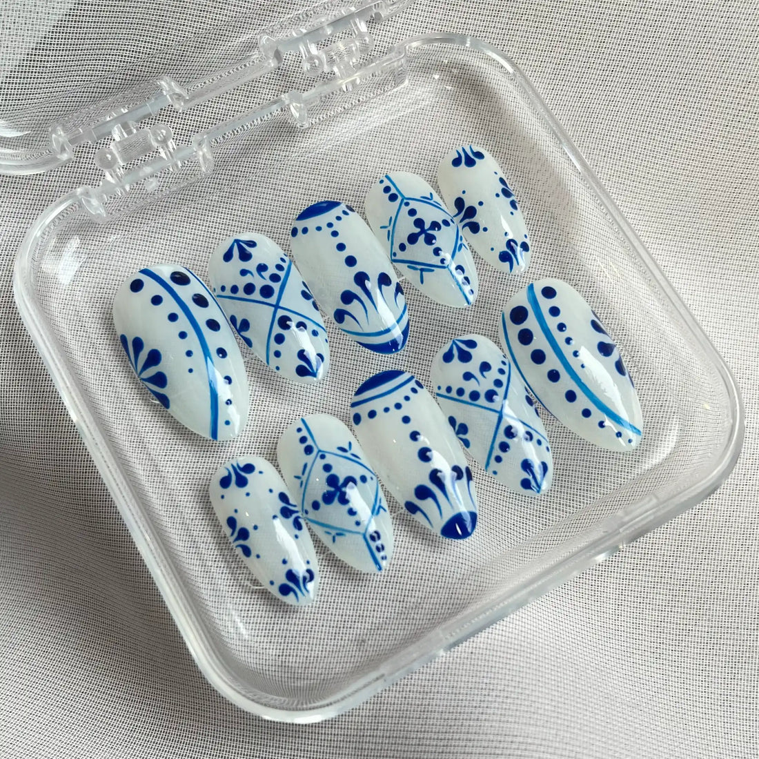 Handmade Blue White Ceramic Tile Mandala Boho Pattern Press on Nails W74